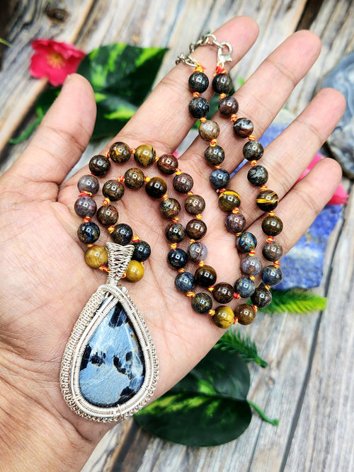 Pietersite and Tiger Eye Bead Mala Necklace with Wire-Wrapped Pietersi