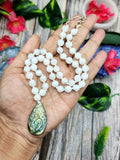 White Moonstone Bead Mala Necklace with Labradorite Peacock Pendant - Embrace the Radiant Beauty of Nature