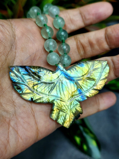 Green Fluorite Bead Mala Necklace with Labradorite Phoenix Pendant - Embrace Transformation and Renewal