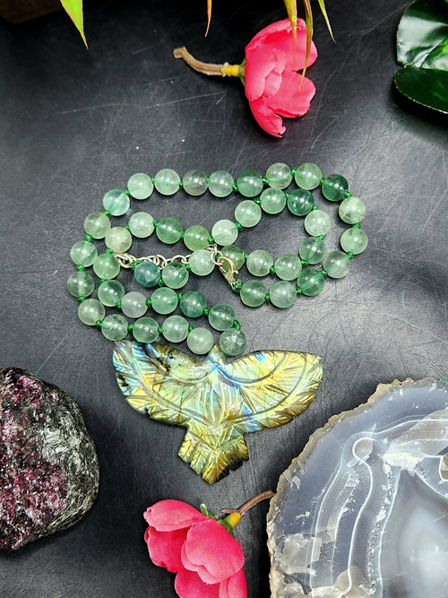 Green Fluorite Bead Mala Necklace with Labradorite Phoenix Pendant - Embrace Transformation and Renewal