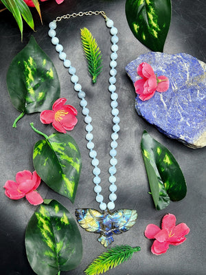 Aquamarine Bead Mala Necklace with Labradorite Phoenix Pendant - Embrace Serenity and Transformation