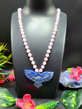 Kunzite Bead Mala Necklace with Lapis Lazuli Phoenix Pendant - Embrace Transformation and Inner Wisdom