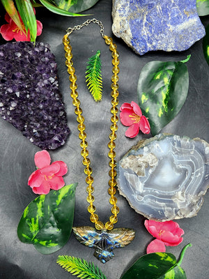 Citrine Bead Mala Necklace with Labradorite Phoenix Pendant - Harness Your Inner Power and Transformation