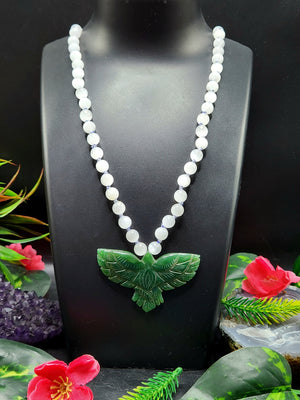 Selenite Bead Mala Necklace with Green Aventurine Phoenix Pendant - Embrace Transformation and Renewal