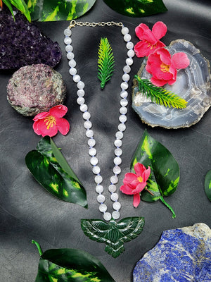 Selenite Bead Mala Necklace with Green Aventurine Phoenix Pendant - Embrace Transformation and Renewal