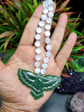 Selenite Bead Mala Necklace with Green Aventurine Phoenix Pendant - Embrace Transformation and Renewal