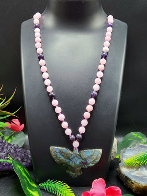 Kunzite and Lepidolite Bead Mala Necklace with Labradorite Phoenix Pendant - Embrace Transformation and Inner Balance