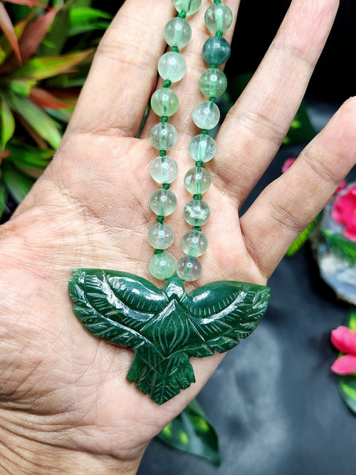 Green Fluorite Bead Mala Necklace with Green Aventurine Phoenix Pendant - Harness Renewal and Abundance