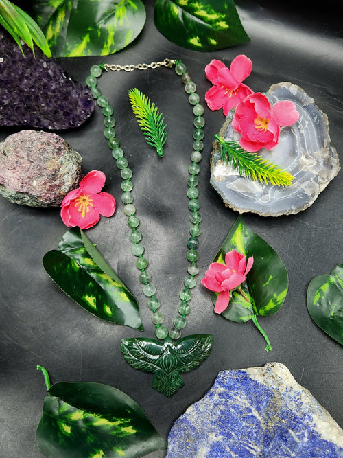Green Fluorite Bead Mala Necklace with Green Aventurine Phoenix Pendant - Harness Renewal and Abundance