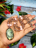 Smokey Quartz and Kunzite Bead Mala Necklace with Labradorite Om Symbol Pendant - Embrace Spiritual Harmony and Inner Peace
