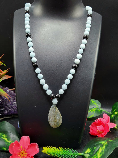 Aquamarine and Black Onyx Bead Mala Necklace with Labradorite Peacock Pendant - Embrace Inner Wisdom and Elegance