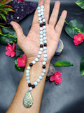 Aquamarine and Black Onyx Bead Mala Necklace with Labradorite Peacock Pendant - Embrace Inner Wisdom and Elegance