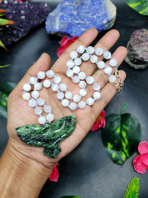 Selenite Bead Mala Necklace with Zoisite Phoenix Pendant - Embrace Renewal and Transformation