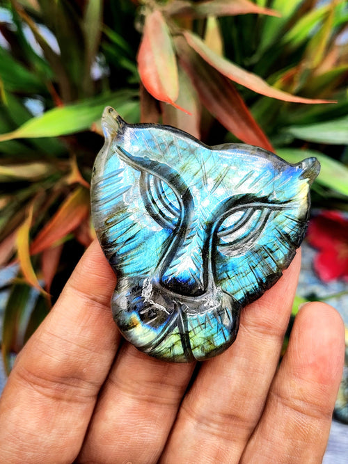 Majestic Handmade Gemstone Carving of Lion Face in Labradorite Stone - Symbol of Strength and Protection - 2 inches - ONE PIECE ONLY