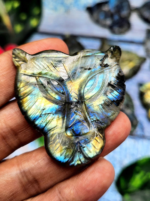 Majestic Handmade Gemstone Carving of Lion Face in Labradorite Stone - Symbol of Strength and Protection - 2 inches - ONE PIECE ONLY