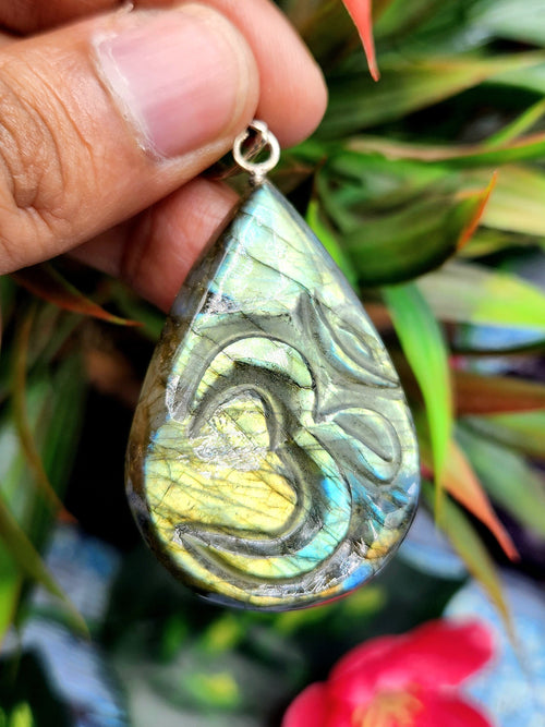 Sacred Handmade Labradorite Om Symbol Teardrop Pendant with 925 Silver Loop - Spiritual Harmony and Divine Connection - ONE PIECE ONLY