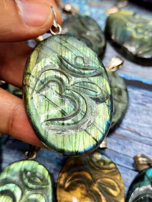 Harmonious Handmade Labradorite Om Symbol Oval Pendant with 925 Silver Loop - Embrace Spiritual Connection and Serenity - ONE PIECE ONLY