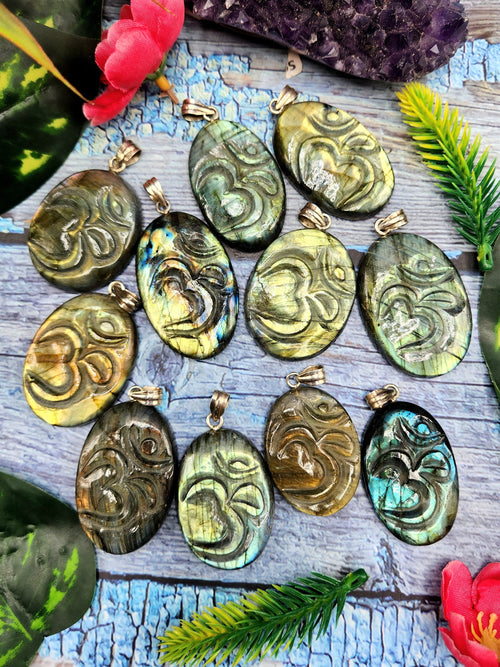 Harmonious Handmade Labradorite Om Symbol Oval Pendant with 925 Silver Loop - Embrace Spiritual Connection and Serenity - ONE PIECE ONLY