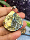 Enchanting Handmade Labradorite Om Symbol Tear Drop Pendant with 925 Silver Loop - Embrace Serenity and Divine Connection - ONE PIECE ONLY