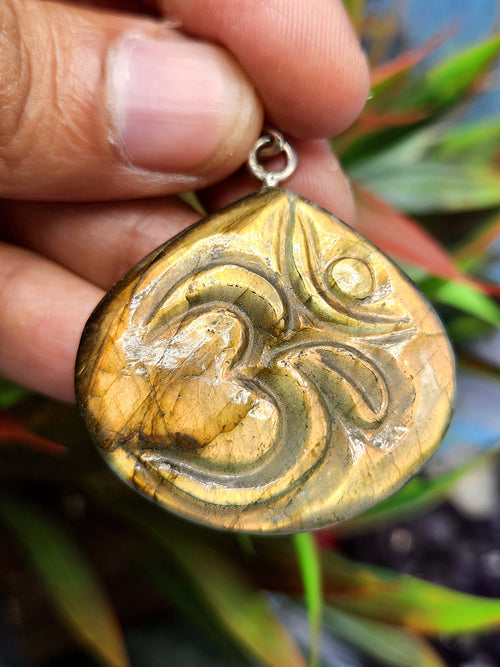 Enchanting Handmade Labradorite Om Symbol Tear Drop Pendant with 925 Silver Loop - Embrace Serenity and Divine Connection - ONE PIECE ONLY