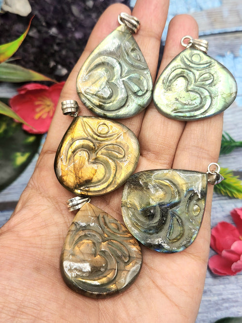 Enchanting Handmade Labradorite Om Symbol Tear Drop Pendant with 925 Silver Loop - Embrace Serenity and Divine Connection - ONE PIECE ONLY