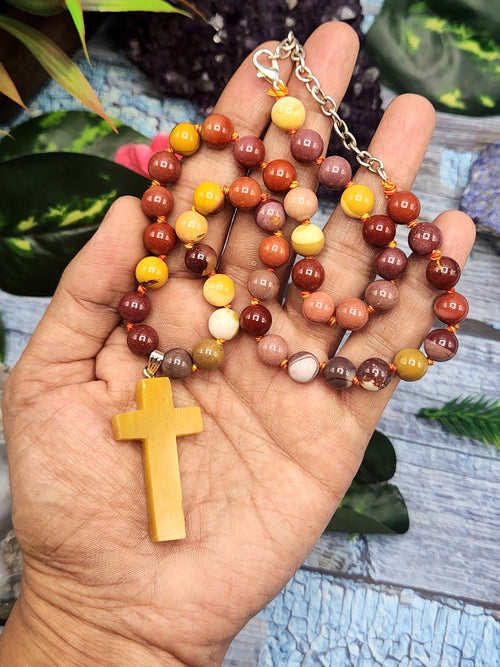 Sacred Handmade Mookaite Jasper Bead Mala with Yellow Aventurine Holy Cross Pendant - Embrace Spiritual Connection and Divine Protection