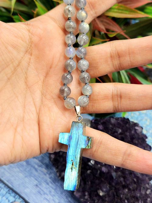 Sacred Handmade Labradorite Bead Mala with Labradorite Holy Cross Pendant - Embrace Spiritual Connection and Divine Protection