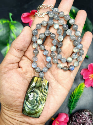 Sacred Handmade Labradorite Bead Mala with Labradorite Om Pendant - Embrace Spiritual Harmony and Protection
