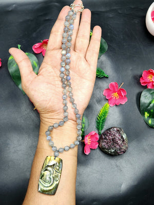 Sacred Handmade Labradorite Bead Mala with Labradorite Om Pendant - Embrace Spiritual Harmony and Protection