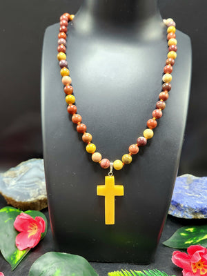 Mookaite Jasper Bead Mala with Yellow Aventurine Holy Cross Pendant - Embrace Divine Protection and Spiritual Connection