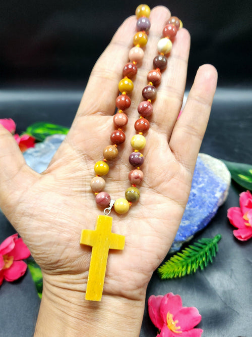 Mookaite Jasper Bead Mala with Yellow Aventurine Holy Cross Pendant - Embrace Divine Protection and Spiritual Connection