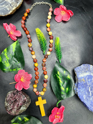 Mookaite Jasper Bead Mala with Yellow Aventurine Holy Cross Pendant - Embrace Divine Protection and Spiritual Connection