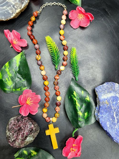 Mookaite Jasper Bead Mala with Yellow Aventurine Holy Cross Pendant - Embrace Divine Protection and Spiritual Connection