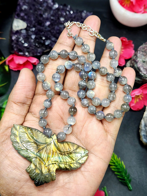 Labradorite Bead Mala with Labradorite Phoenix/Eagle Pendant - Embrace Transformation and Divine Beauty