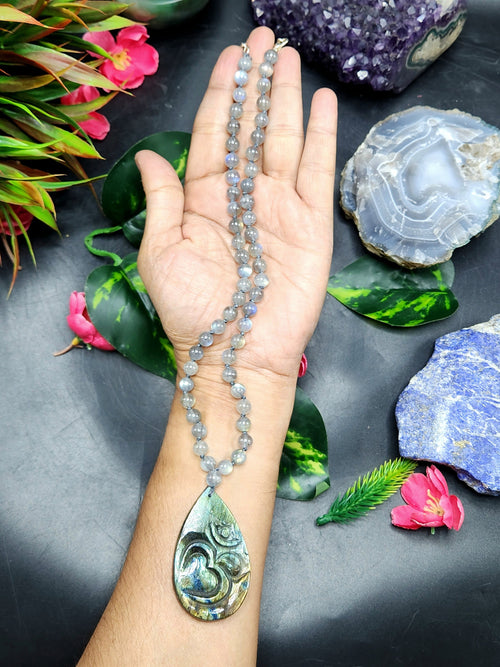 Labradorite Bead Mala with Labradorite Om Symbol Pendant - Embrace Spiritual Connection and Exquisite Craftsmanship