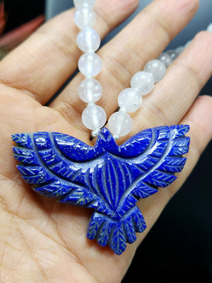 Rainbow Moonstone Bead Mala Necklace with Lapis Lazuli Phoenix/Eagle Pendant - Harness Transformation and Artisan Craftsmanship