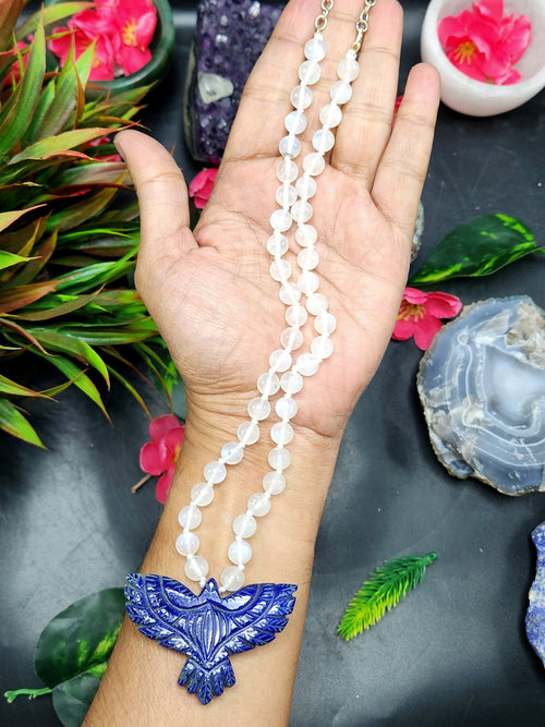 Rainbow Moonstone Bead Mala Necklace with Lapis Lazuli Phoenix/Eagle Pendant - Harness Transformation and Artisan Craftsmanship