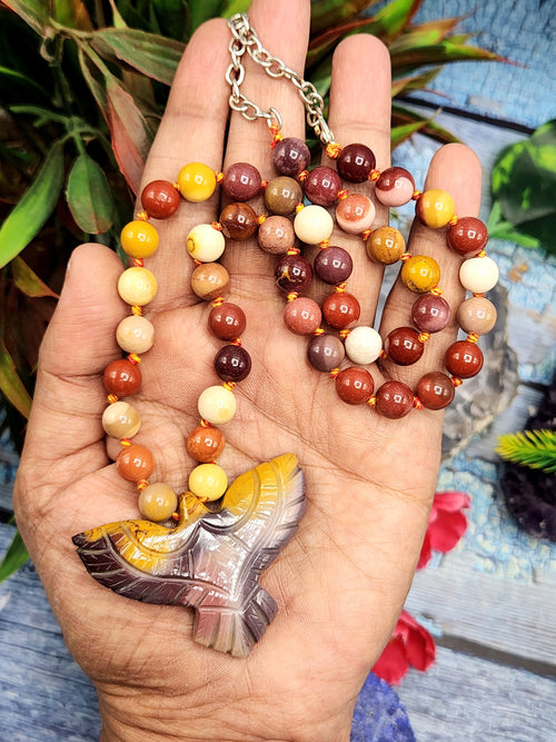 Mookaite Jasper Bead Mala with Mookaite Jasper Phoenix Pendant - Symbolism and Artistry