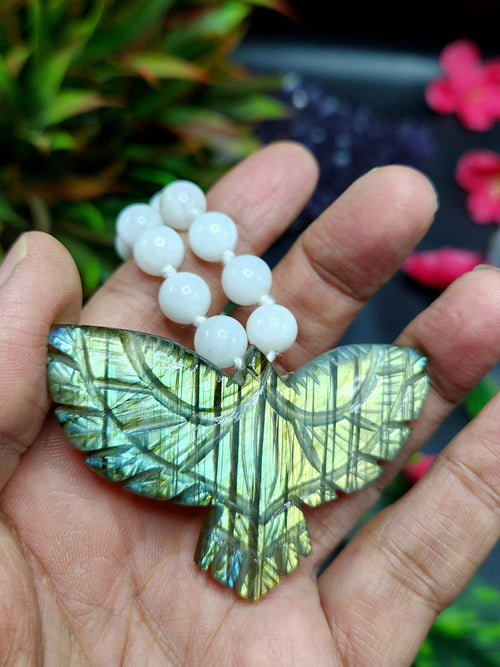 White Moonstone Bead Mala Necklace with Labradorite Phoenix Pendant - Symbolism and Craftsmanship