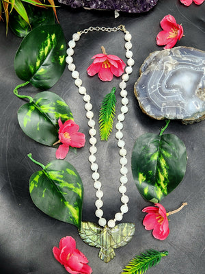 White Moonstone Bead Mala Necklace with Labradorite Phoenix Pendant - Symbolism and Craftsmanship