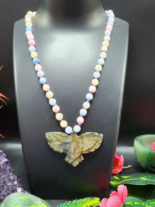 Morganite Bead Mala Necklace with Labradorite Phoenix Pendant - Embrace Renewal and Elegance