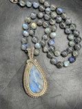 Labradorite Bead Mala Necklace with Rainbow Moonstone Pendant - Embrace the Mystical Union of Beauty and Serenity