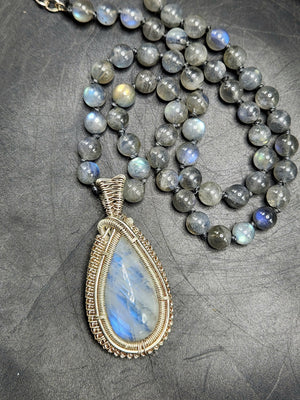 Labradorite Bead Mala Necklace with Rainbow Moonstone Pendant - Embrace the Mystical Union of Beauty and Serenity