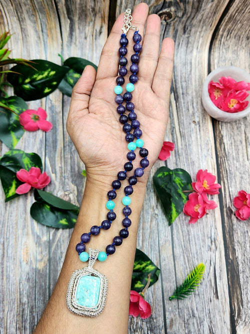 Lepidolite and Amazonite Bead Mala Necklace with Amazonite Wire Wrapped Pendant - Embrace Balance and Harmony