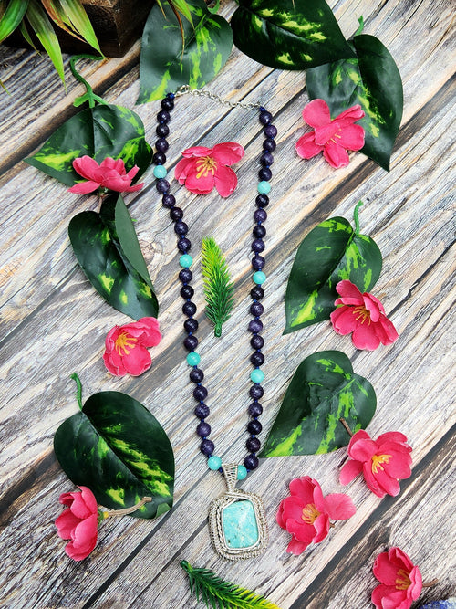 Lepidolite and Amazonite Bead Mala Necklace with Amazonite Wire Wrapped Pendant - Embrace Balance and Harmony