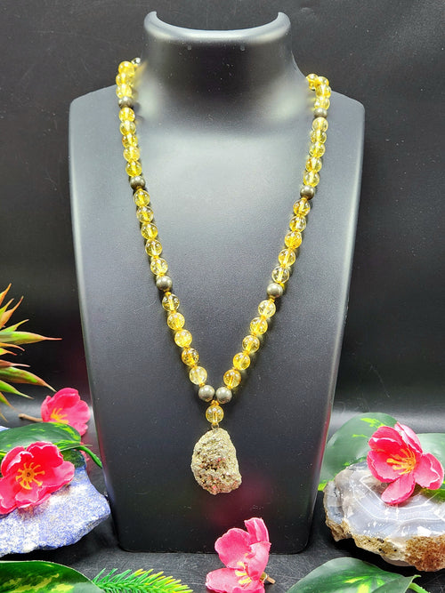 Citrine and Pyrite Bead Mala Necklace with Pyrite Rough Stone Pendant - Ignite Your Inner Strength and Abundance