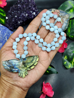 Aquamarine Bead Mala Necklace with Labradorite Phoenix Pendant - Embrace Serenity and Transformation