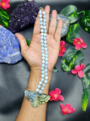 Aquamarine Bead Mala Necklace with Labradorite Phoenix Pendant - Embrace Serenity and Transformation