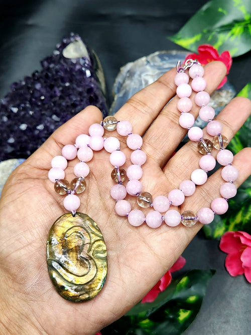 Kunzite and Smokey Quartz Bead Mala Necklace with Labradorite Om Symbol Pendant - Embrace Spiritual Harmony and Inner Balance