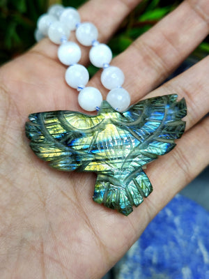 Selenite Bead Mala Necklace with Labradorite Phoenix Pendant - Embrace Renewal and Transformation